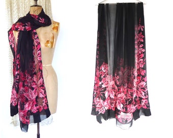 Vintage 1920s 1930s Black Silk Chiffon Pink Floral Patterned Scarf Shawl Wrap