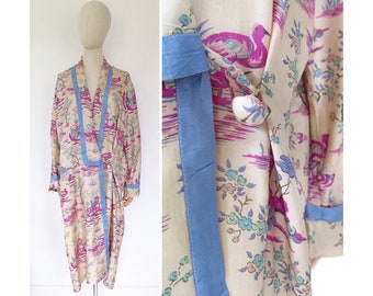 Antique 1920s Deco Derry And Toms Kensington London Raw Silk Pongee Silk Lilac Purple Blue Patterned Kimono Duster Robe
