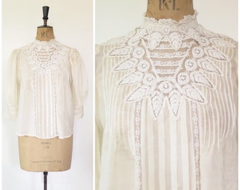 Vintage Antique Edwardian White Embroidered Lace Tissue Silk Lawn Evening Blouse