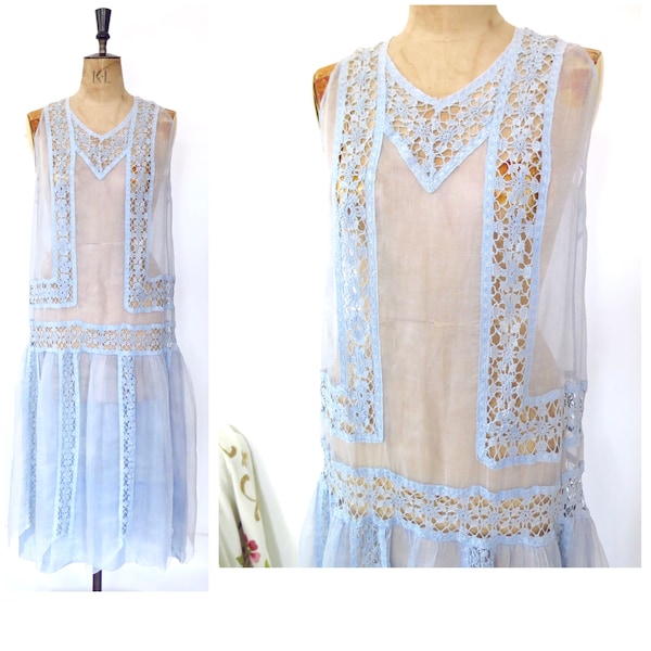Original Vintage 1920s Pale Sky Blue Sheer Drop Waist Lace Flapper Evening Dress