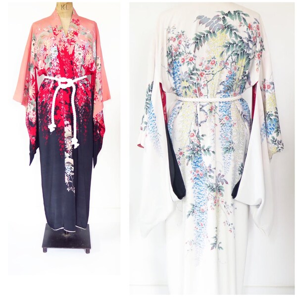 SOLD ON LAYAWAY - Vintage 1930s 1940s Reversible Blossoms Printed Red Pink Black White Rayon Kimono Robe