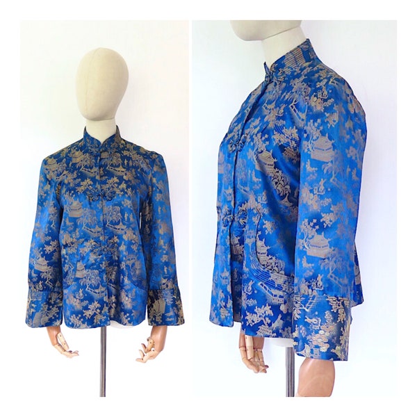 Vintage des années 1940 des années 1950 bleu brocart chinois Satin à motifs veste A-line