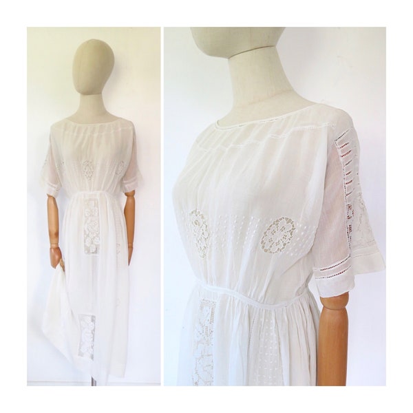 Antique 1910s Edwardian French White Cotton Lace Cut Work Embroidered Lawn Short Sleeve Slip Night Dress