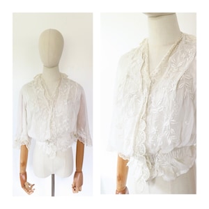 Antique 1910s Edwardian Victorian Off-White Semi-Sheer Embroidered Cotton Lace Half Sleeve Blouse