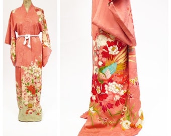 Original Vintage 1940s Dusky Pink With Flowers and Birds Print Silk Kimono Gown Robe