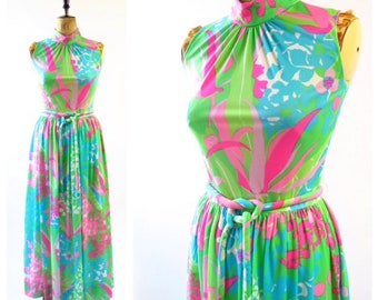 Original Vintage 1970s Neon Graphic Belted Maxi Summer Dress