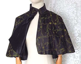 Antique Victorian 1900s Black Satin Jet Beaded Floral Brocade Cape Jacket