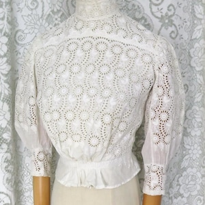 Antique 1910s Edwardian Victorian White Cotton Lace Half Sleeve Lawn Blouse