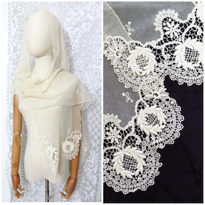 Antique 1900s Victorian Edwardian Cream Floral Netting Lace Large Scarf Shawl Wrap Large Wedding Veil