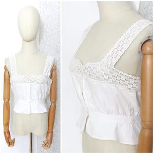 Antique 1900s 1910s Victorian French White Cotton Crocheted Lace Monogram Lingerie Camisole Corset Cover Sleeveless Top Blouse