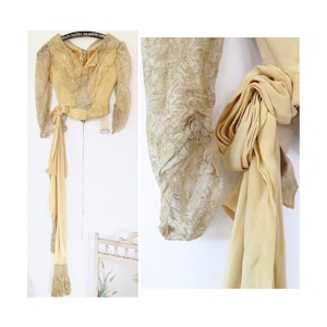 Antique Early Edwardian 1900s 1910s Victorian Custard Yellow Cream Lace Boned Top Bodice Blouse Jacket