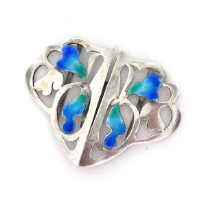 Antique Edwardian 1900s 1909 Art Nouveau Lawrence Emanuel Birmingham Silver Enamelled Blue Buckle