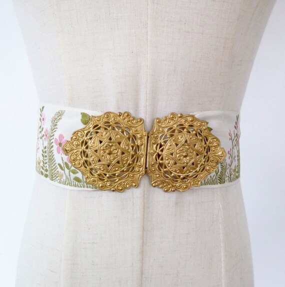 Vintage Woven Pink Cream Green Floral Ribbon Gold… - image 4