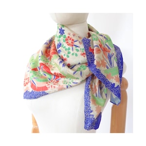 Antike 1920er Jahre Pongee Shantung Rohseide Deko Blau Grün Rot Floral bedruckter Schal Schal