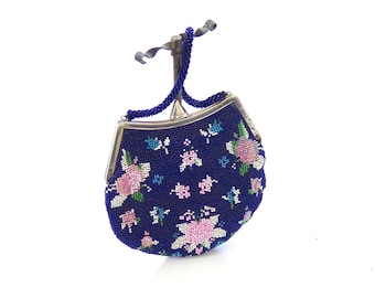 Vintage 1930s 1940s Deco Style Blue With Pink Floral Pattern Beaded Bag Handbag Evening Purse Accessory