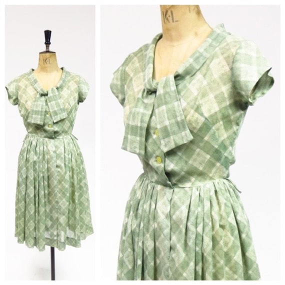 Original Vintage 1950s Sage Green Checked Semi She