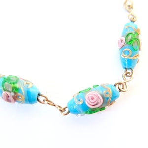 Vintage 1930s Deco Blue Pink Golden Glass Beads Chain Link Costume Dress Necklace