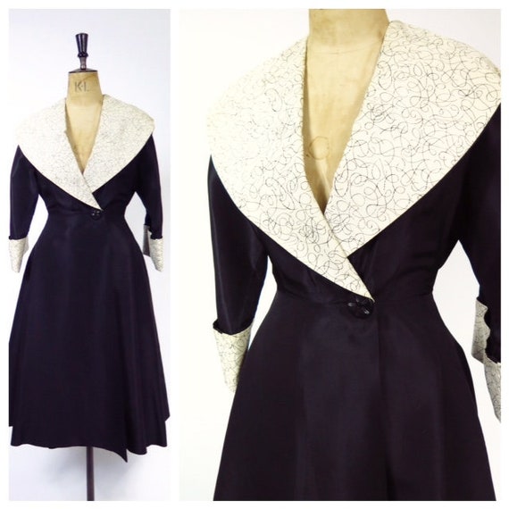 Original Vintage 1940s 1950s Black And Cream Eveni