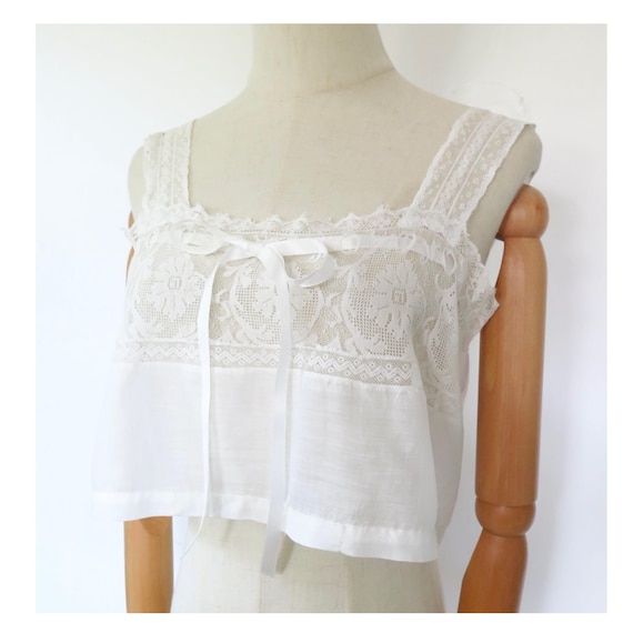Antique 1910s Edwardian White Cotton and Floral Lace Bralet  