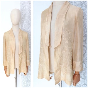 Antique 1920s Deco Flapper Ecru Pongee Raw Silk Pongee Floral Embroidery Chinoiserie Silk Duster Coat Jacket