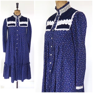 Vintage 1980s Gunne Sax By Jessica Designer Blue Floral Smock Prairie Midi Dress