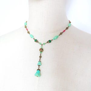 Antique 1920s 1930s Deco Bohemian Peking Glass Czech Beads Drop Chain Link Costume Dress Necklace