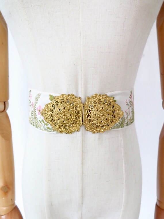 Vintage Woven Pink Cream Green Floral Ribbon Gold… - image 5