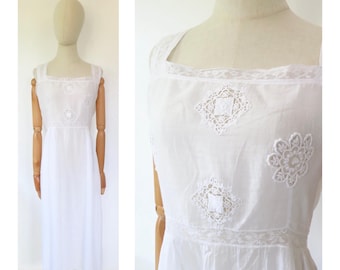 Antique 1910s French Edwardian White Cotton Cut Work Lace Floral Embroidered Lawn Dress Chemise Lingerie Slip Undergarment