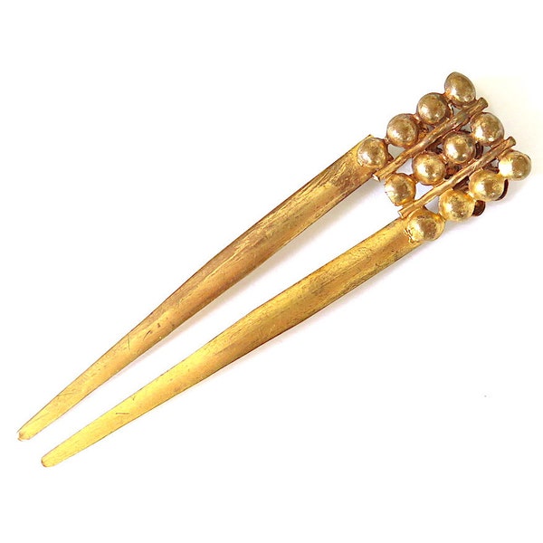 Original Antique Vintage 1910s 1920s Deco Gold Tone Metal Two Prong Hair Pin Comb