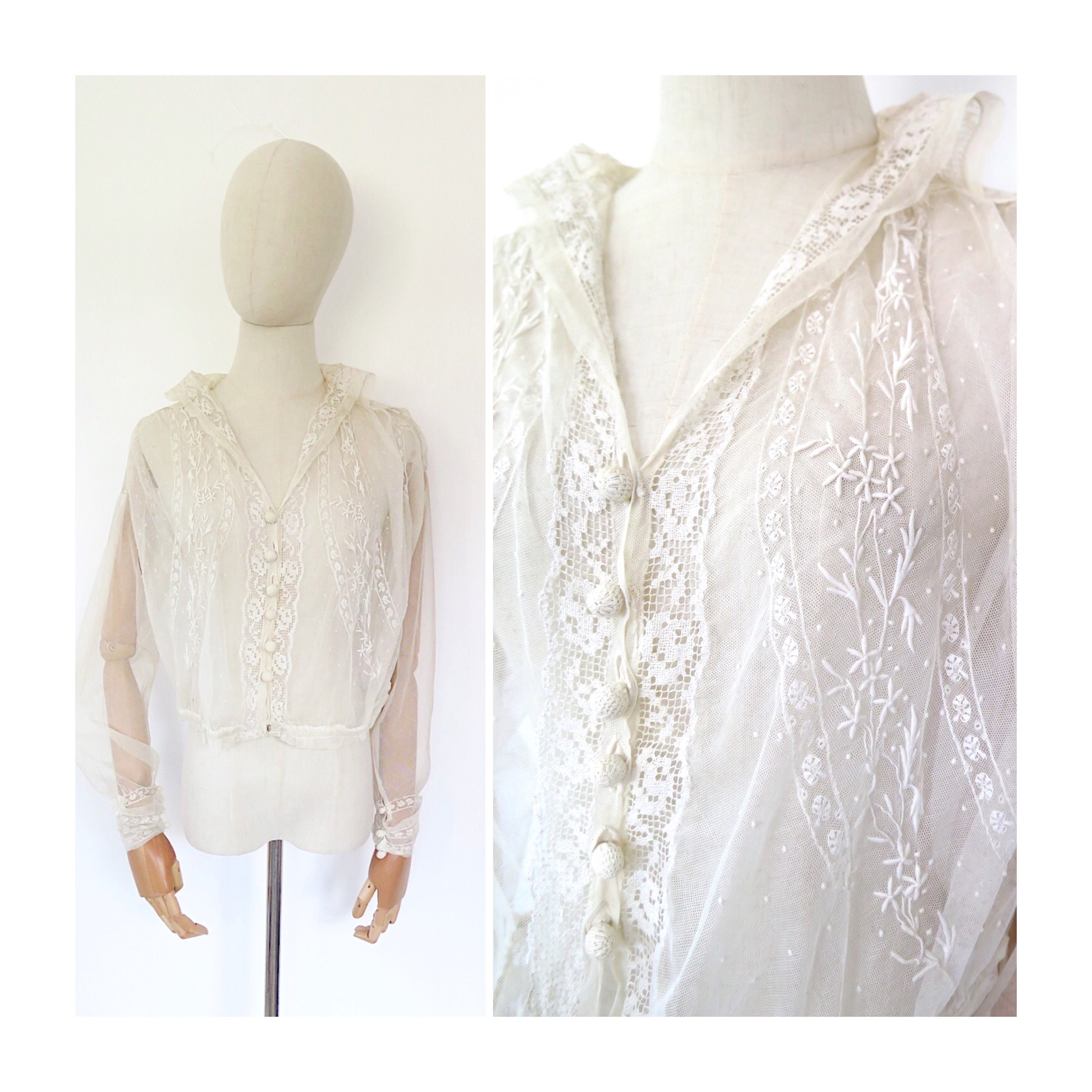 トップス 1910s French Back Tac Blouse Antique 1910s Edwardian French Embroidered Cream Netting