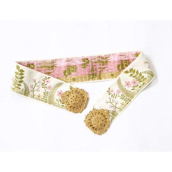 Vintage Woven Pink Cream Green Floral Ribbon Gold… - image 1