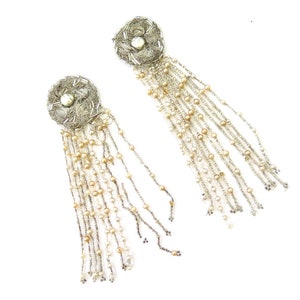 Antique Edwardian Deco 1920s Beaded Pearl Fringed Dress Trim Tassel Fabric Embellishment