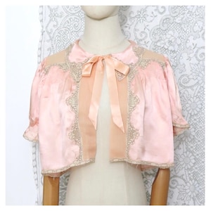 Vintage 1930s Blush Pink Silk Satin Lace Detailed Boudoir Capelet Cape Blouse Lingerie Bed Jacket