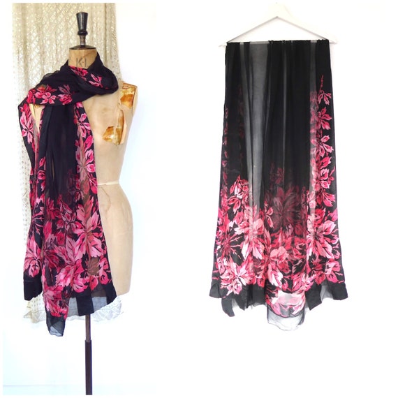 Vintage 1920s 1930s Black Silk Chiffon Pink Flora… - image 1