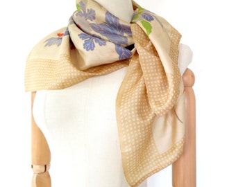 Antique 1920s Pongee Shantung Raw Silk Deco Cream Pale Yellow Blue Red Floral Printed Shawl Scarf