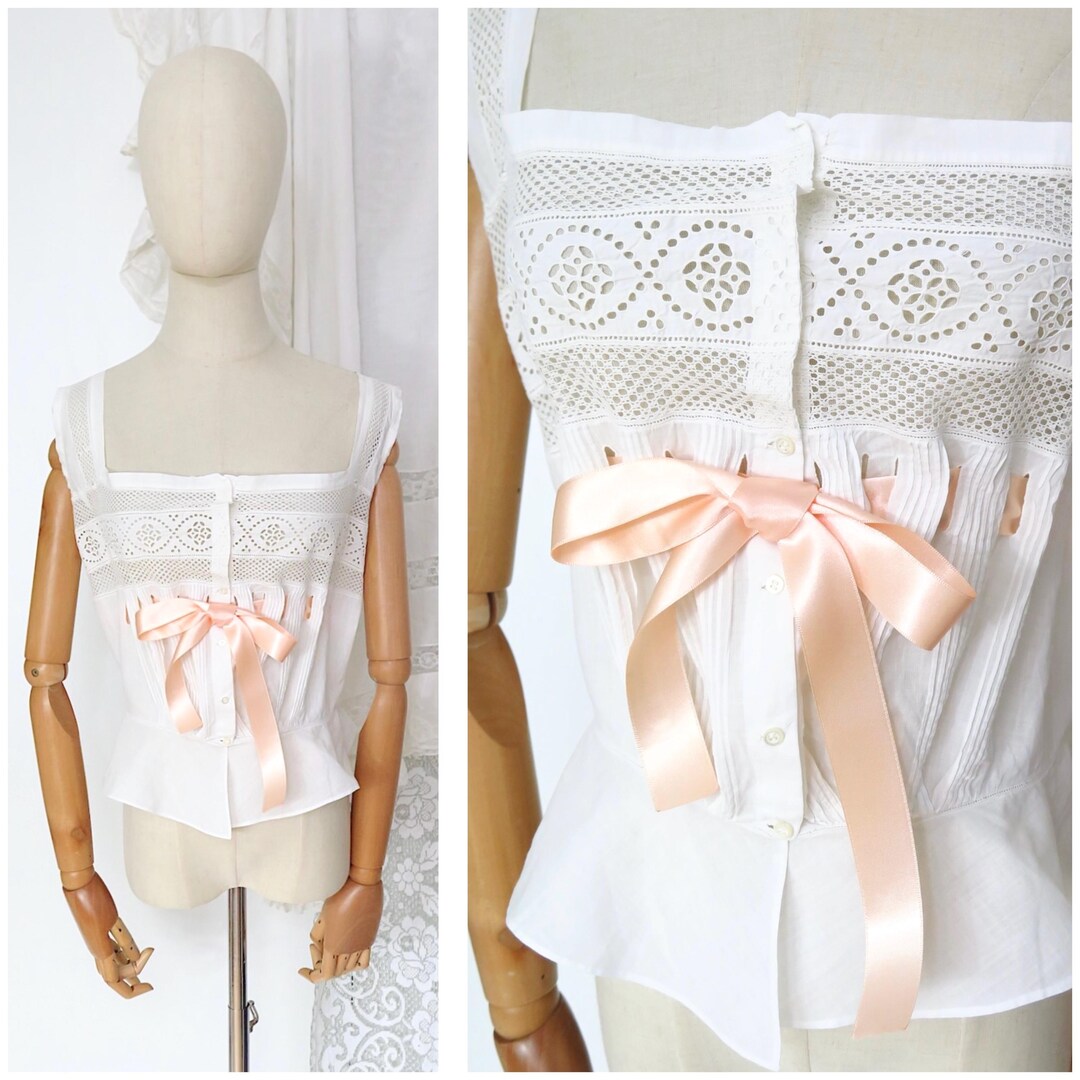 トップス France antique camisole corset cover Antique 1900s 1910s French Victorian Edwardian White Cotton