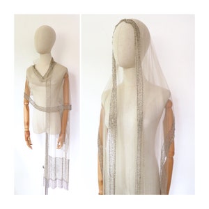 Antique 1910s 1920s Deco Cream Netting Lace Beaded Flapper Egyptian Revival Shawl Scarf