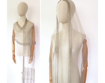 Antique 1910s 1920s Deco Cream Netting Lace Beaded Flapper Egyptian Revival Shawl Scarf