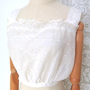Antique 1910s Edwardian White Semi Sheer Cotton Lace Floral Embroidered Camisole Corset Cover Sleeveless Top Blouse