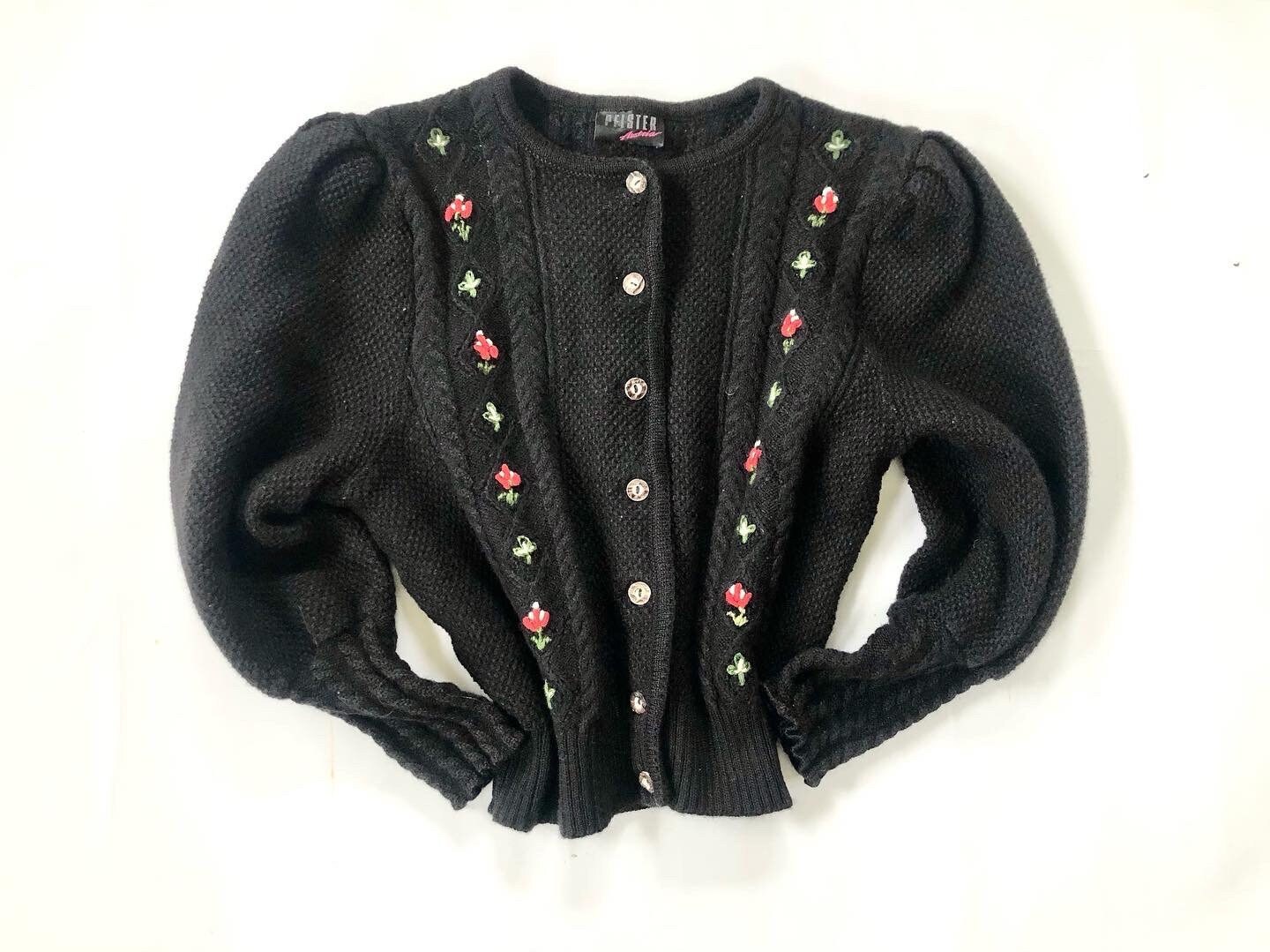 Vintage 1980s Austrian Knitted Black Wool Floral Appliqué