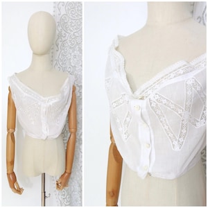 Antique 1900s 1910s French Edwardian White Sheer Cotton Camisole Corset Cover Sleeveless Top Blouse