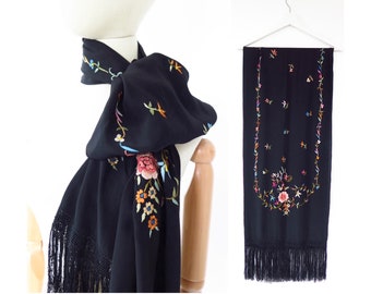 Vintage 1920s 1930s Deco Black Floral Hand Embroidered Fringed Piano Shawl Wrap Scarf