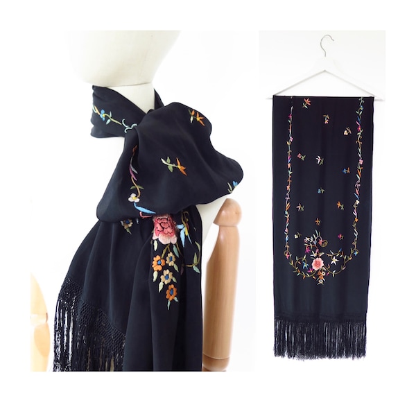 Vintage 1920s 1930s Deco Black Floral Hand Embroidered Fringed Piano Shawl Wrap Scarf