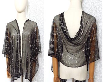 Scialle e sciarpa antica in stile flapper in stile egiziano, stile Assuit Deco, anni '20, con pizzo nero e lavorazione in metallo