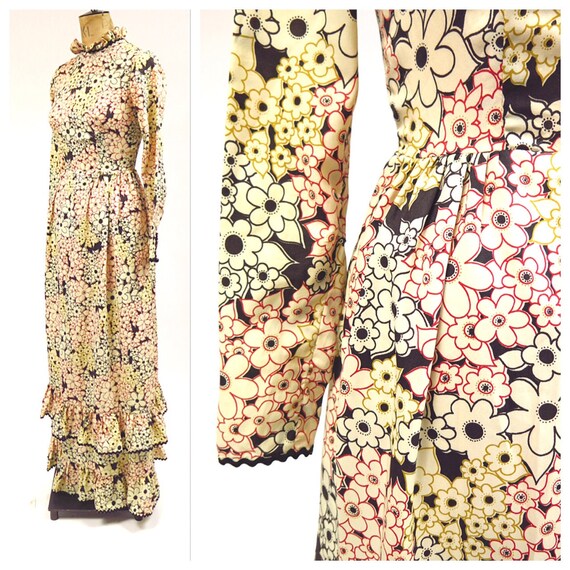 Vintage 1970s Black Red & Cream Floral Maxi Dress