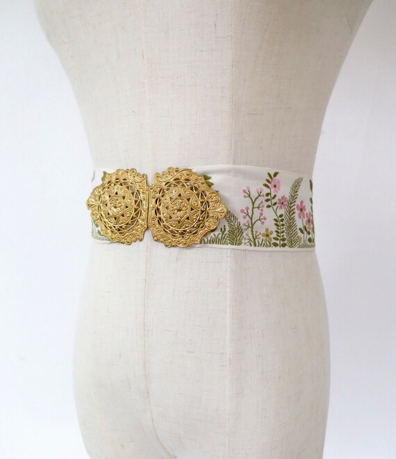 Vintage Woven Pink Cream Green Floral Ribbon Gold… - image 7