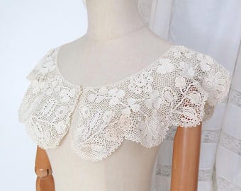 Antike viktorianische 1800er 1900er irische häkeln Blumenspitze Bertha Kragen-Creme-Ecru