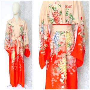 Vintage 1940s Reversible Blossoms Printed Red Blush Pink Floral Silk Made In Japan Kimono Robe Gown