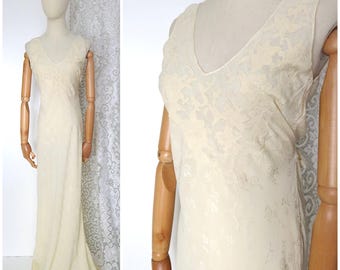 Vintage Deco 1930er Jahre Creme Seide geschnitten auf dem Bias Floral Jacquard Dessous Slip Kleid Kleid