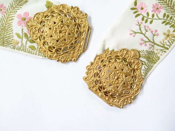 Vintage Woven Pink Cream Green Floral Ribbon Gold… - image 8